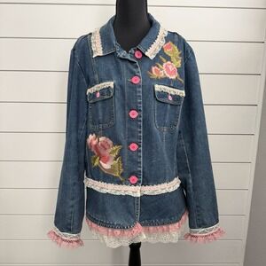 Upcycled Cottagecore St Johns Bay XL Boho Shabby Chic Denim Lace Jacket Floral